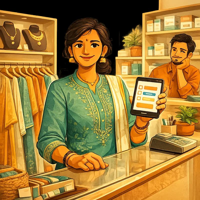 A shopkeeper billing calmly on a tablet